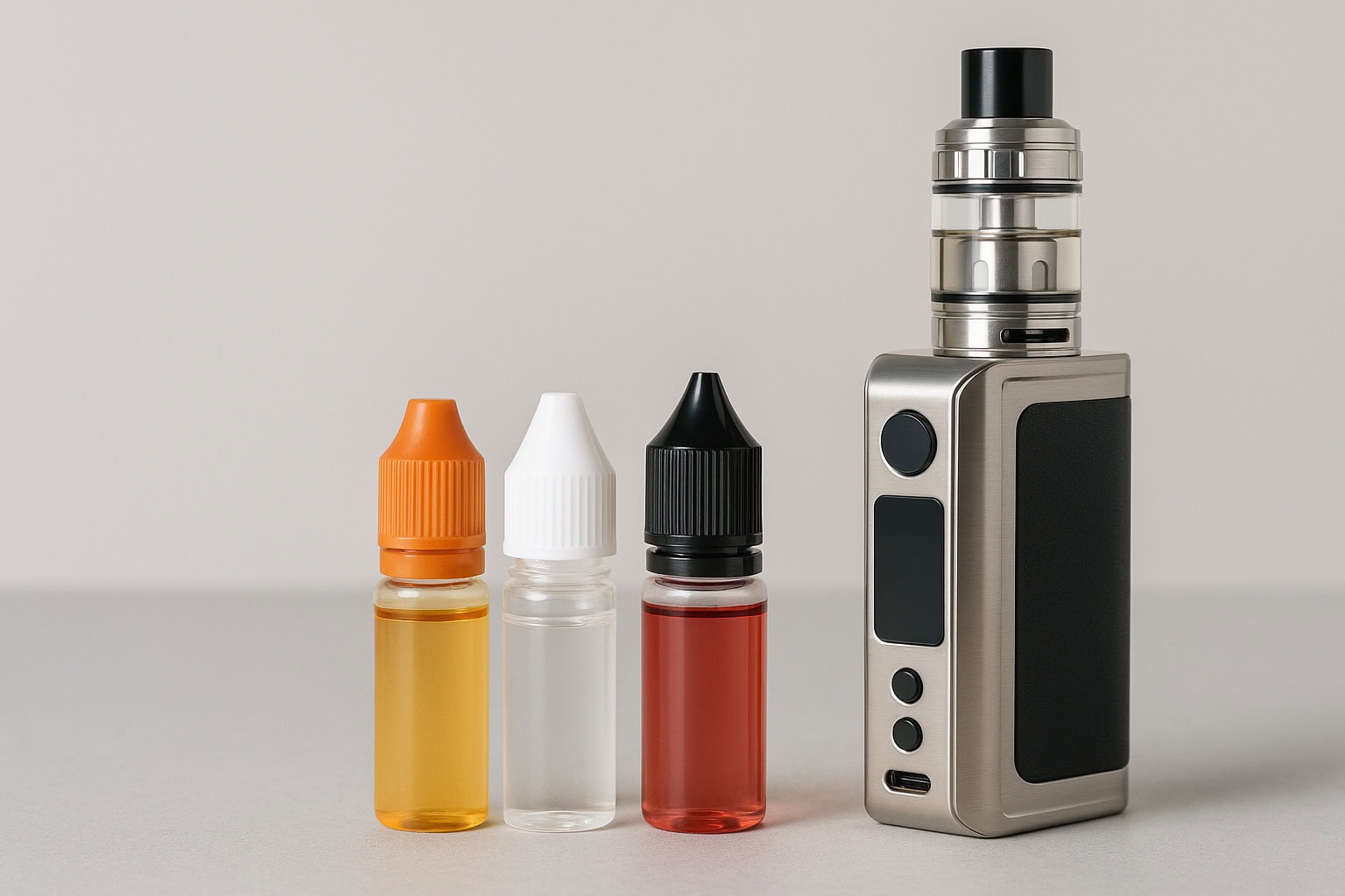E-liquid bottles and a stainless steel box mod from an online vape shop