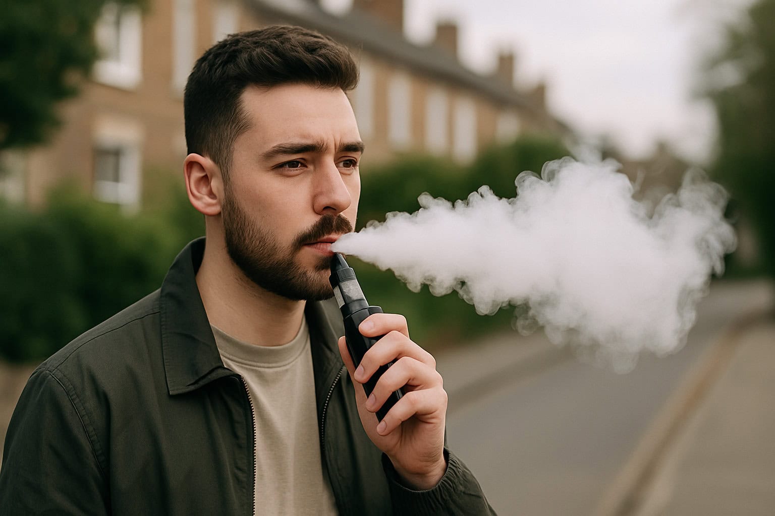Young man standing outdoors in soft overcast light, holding a black vape pen and exhaling a cloud of vapour against a backdrop of terraced houses and trees.
