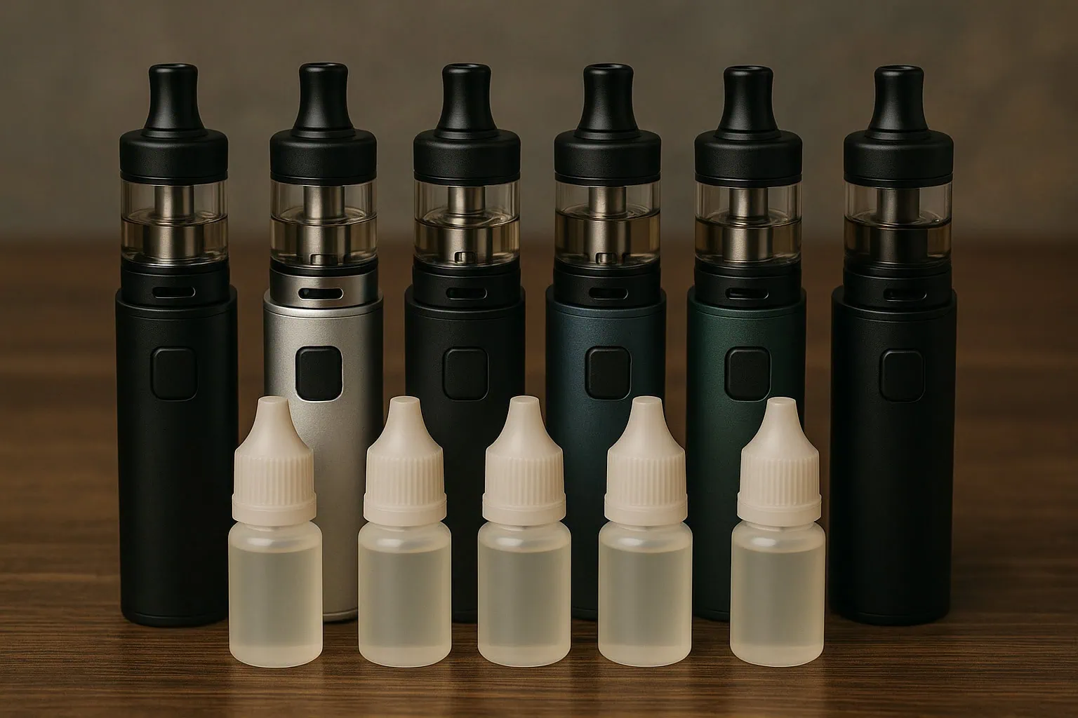 Collection of vape devices and unbranded e-liquids, representing UK private label vape products.