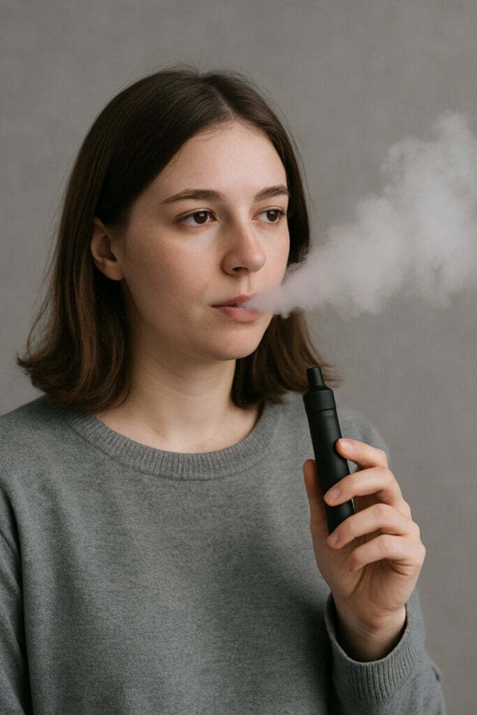 Woman exhaling vapor with black vape – customer experience from online vape shop UK